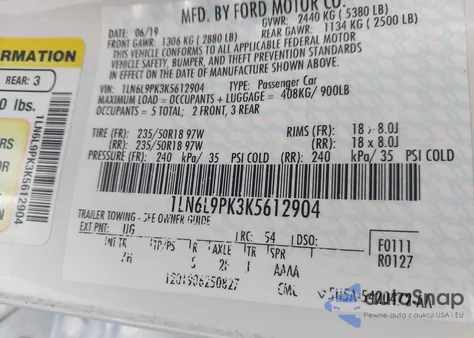 2019 Lincoln Continental Standard from USA, damaged, VIN 1LN6L9PK3K5612904